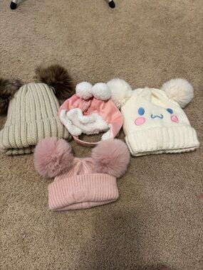 Little Me Pom-Pom Hat Trio - Pink, Cream, Brown